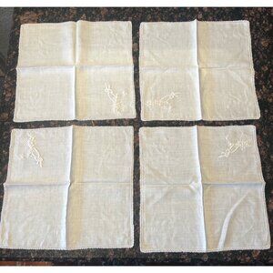 White Linen Napkins With Hand Embroidered Floral Basket Design & Lacey Edging Se